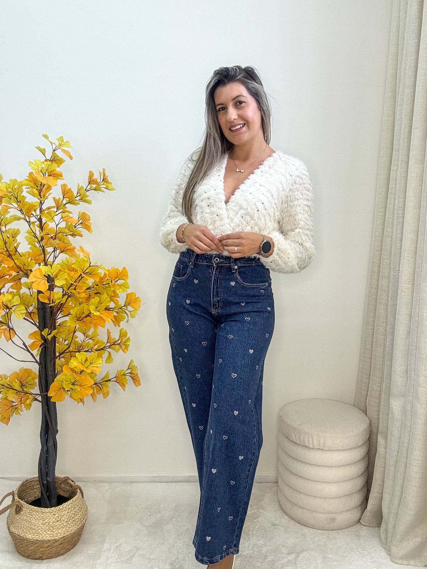 Calça wide leg bolso quadrado