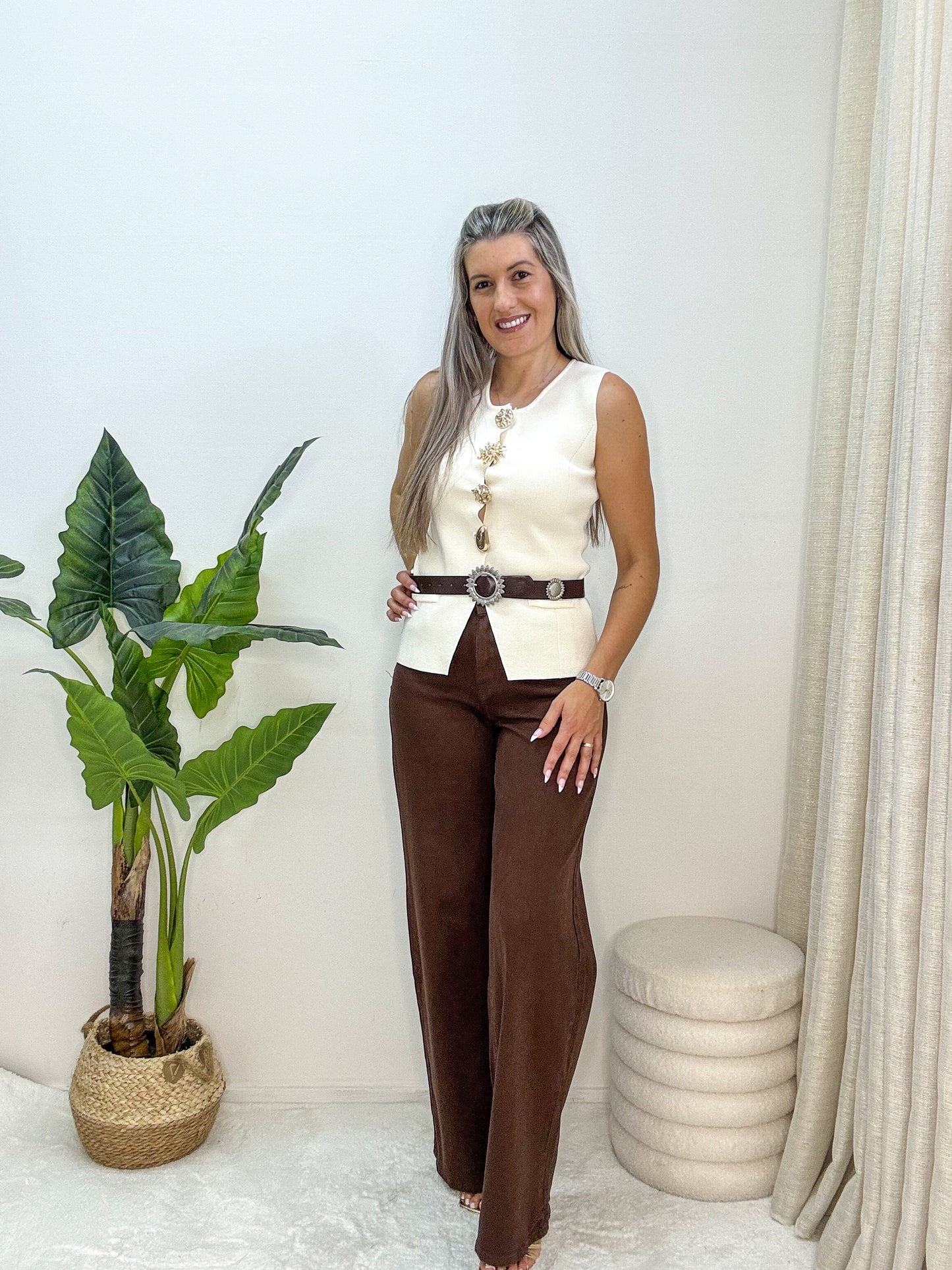 Calça “Adoro” wide leg castanho ( com cinto incluído )